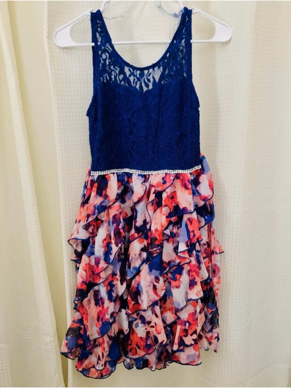 Emily West Girls dress size 16 Navy Lace Top with Pink/Blue Floral Ruffle Skirt